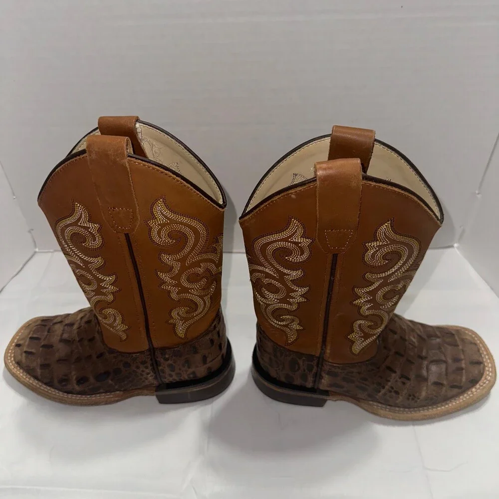 Old West Kids 12.5 D Cowboy Boots Brown Croc Embossed Leather Square Toe